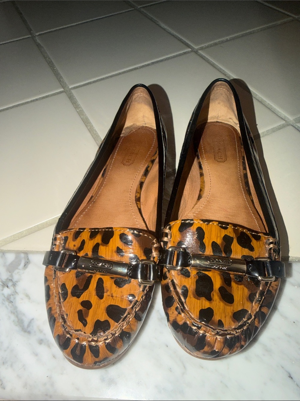 Coach Leopard-Print Patent Leather Loafers in Brown and Black